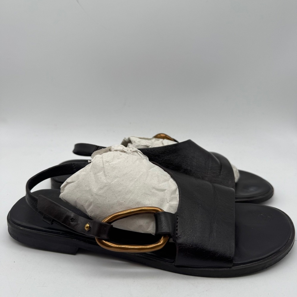 Massimo Dutti Black‎ Leather Slingback Sandals Women's Size 36 Gold Buckle